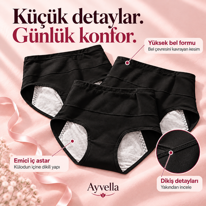 Ayvella külotun yüksek bel, iç astar ve dikiş detayları